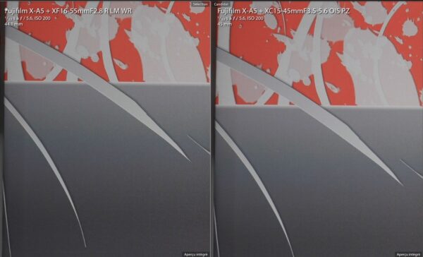 Comparaison du piqué à ouverture f/5.6 entre le Fujinon XC 15-45 mm (à droite) et le Fujinon XF 16-55 mm (à gauche)